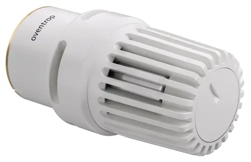 Weißer Thermostatkopf mit Metallanschluss, vertikal gestreift. Das Produkt gehört zur Marke Oventrop und hat eine flüssigkeitsgefüllte Temperaturregelung.